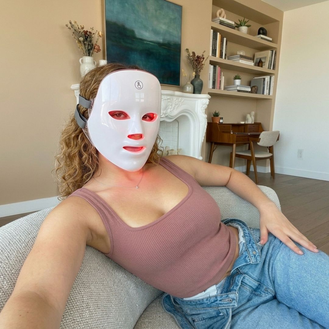Žena koristi LED masku za lie u dnevnoj sobi